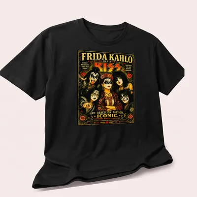 Vintage poster design featuring Frida Kahlo and KISS with inspiring text — printed on a unisex t-shirt (angled view)