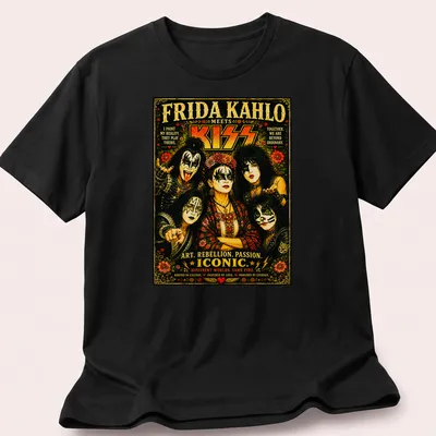 Vintage poster design featuring Frida Kahlo and KISS with inspiring text