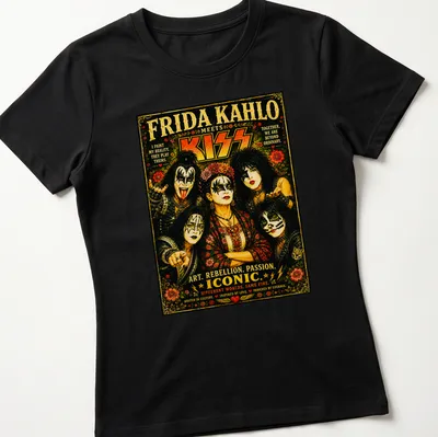 Vintage poster design featuring Frida Kahlo and KISS with inspiring text — printed on a women's shirt