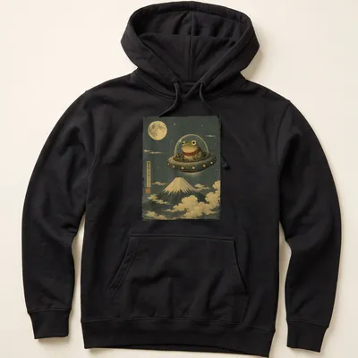 Japanese art style frog UFO pilot graphic on a — printed on a unisex hoodie