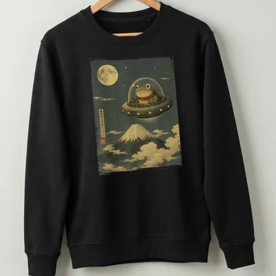Japanese art style frog UFO pilot graphic on a — printed on a unisex sweatshirt