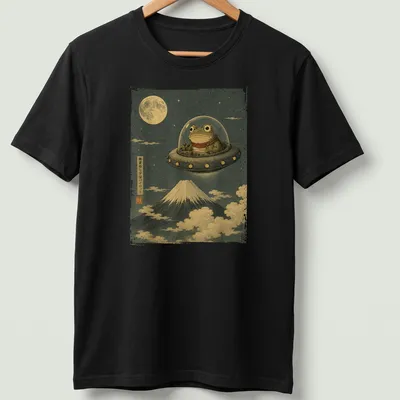 Japanese art style frog UFO pilot graphic on a t-shirt