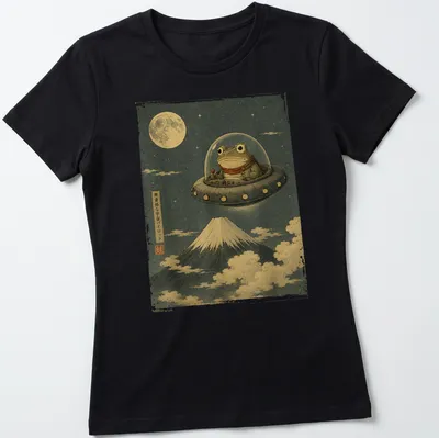 Japanese art style frog UFO pilot graphic on a — printed on a women's shirt