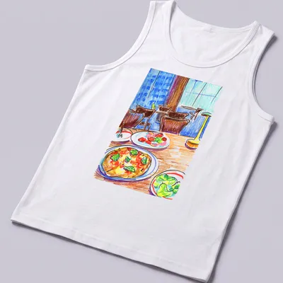 Colorful sketch of pizza, salad, and strawberries on a table — printed on a tank top