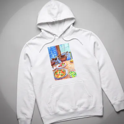 Colorful sketch of pizza, salad, and strawberries on a table — printed on a unisex hoodie