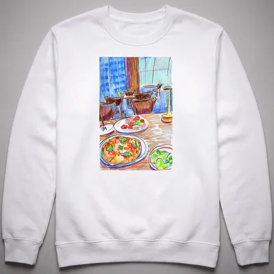 Colorful sketch of pizza, salad, and strawberries on a table — printed on a unisex sweatshirt