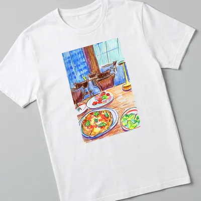 Colorful sketch of pizza, salad, and strawberries on a table