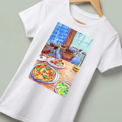 Colorful sketch of pizza, salad, and strawberries on a table — printed on a women's shirt