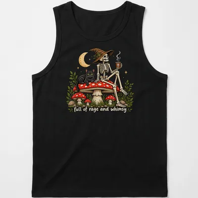 Vintage illustration of a skeleton with a black cat on a mushroom, with text. — printed on a tank top