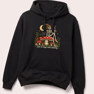 Vintage illustration of a skeleton with a black cat on a mushroom, with text. — printed on a unisex hoodie