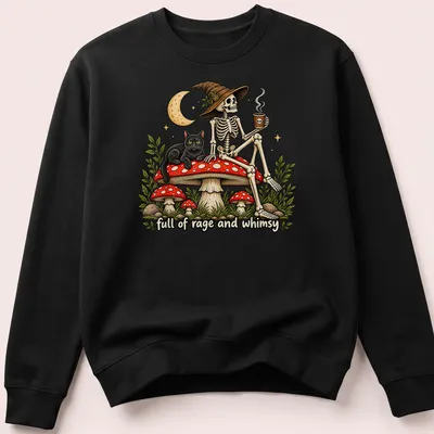 Vintage illustration of a skeleton with a black cat on a mushroom, with text. — printed on a unisex sweatshirt