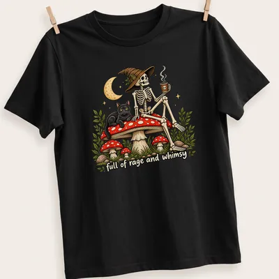 Vintage illustration of a skeleton with a black cat on a mushroom, with text.