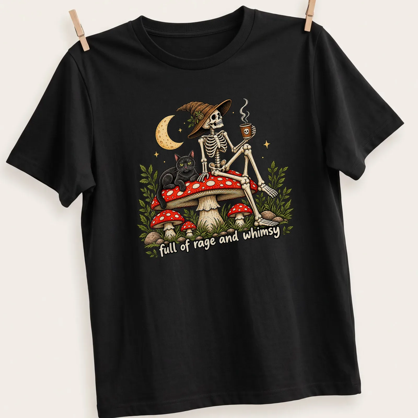 Vintage illustration of a skeleton with a black cat on a mushroom, with text. — printed on a unisex t-shirt