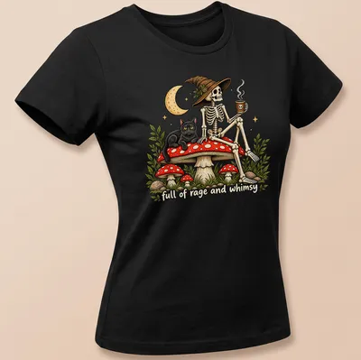 Vintage illustration of a skeleton with a black cat on a mushroom, with text. — printed on a women's shirt