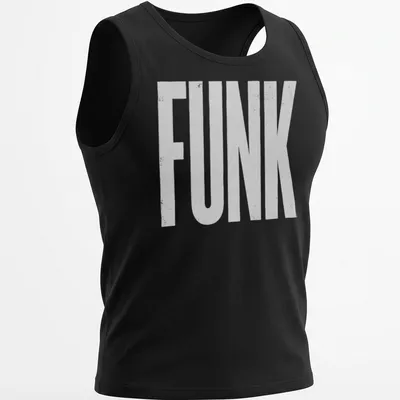 White t-shirt featuring the word 'FUNK' in grungy text style. — printed on a tank top