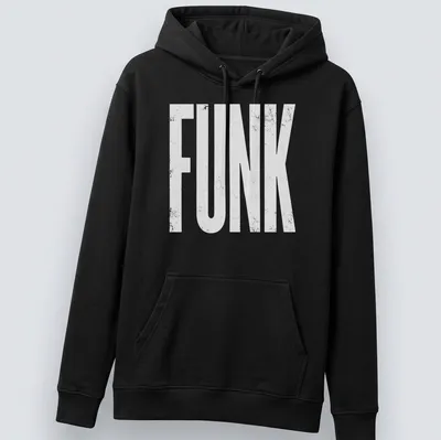 White t-shirt featuring the word 'FUNK' in grungy text style. — printed on a unisex hoodie