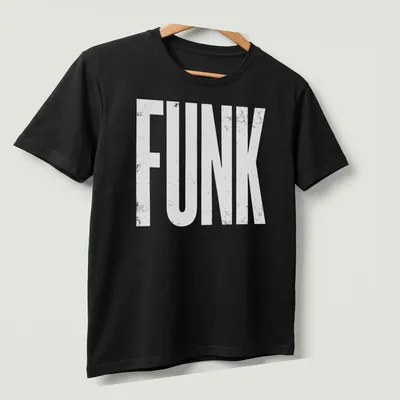 White t-shirt featuring the word 'FUNK' in grungy text style. — printed on a unisex t-shirt (angled view)