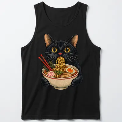 Vintage illustration of a black cat eating ramen noodles in various colors — printed on a tank top
