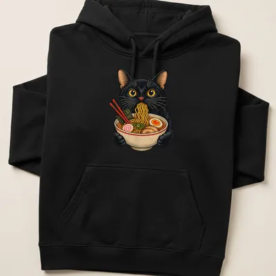 Vintage illustration of a black cat eating ramen noodles in various colors — printed on a unisex hoodie