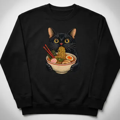 Vintage illustration of a black cat eating ramen noodles in various colors — printed on a unisex sweatshirt