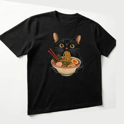 Vintage illustration of a black cat eating ramen noodles in various colors — printed on a unisex t-shirt (angled view)