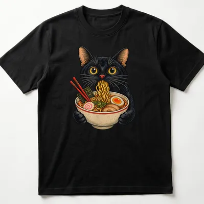Vintage illustration of a black cat eating ramen noodles in various colors