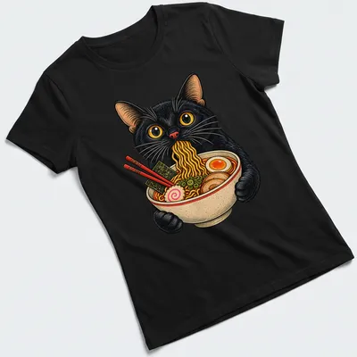 Vintage illustration of a black cat eating ramen noodles in various colors — printed on a women's shirt