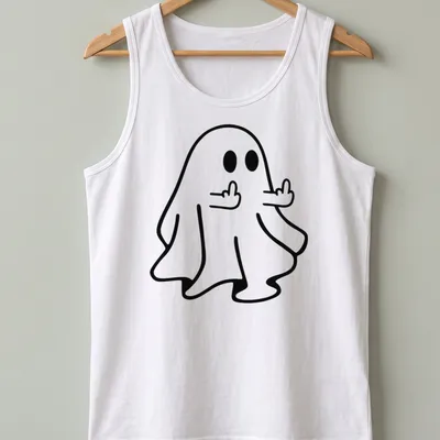 Kawaii line-art ghost flipping off in black and white — printed on a tank top