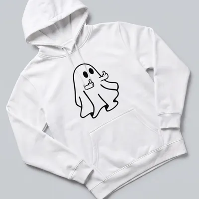 Kawaii line-art ghost flipping off in black and white — printed on a unisex hoodie