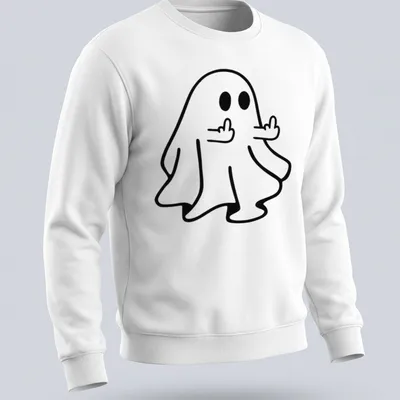 Kawaii line-art ghost flipping off in black and white — printed on a unisex sweatshirt