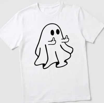 Kawaii line-art ghost flipping off in black and white