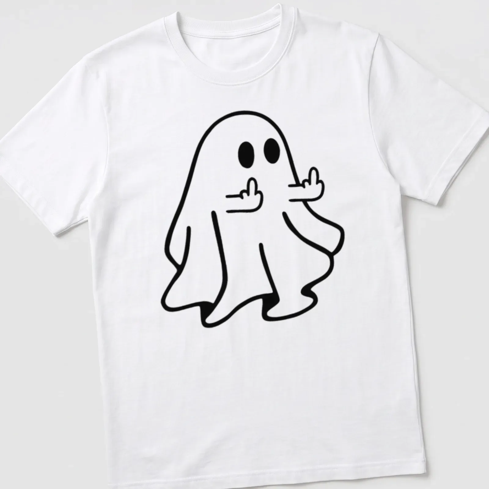 Kawaii line-art ghost flipping off in black and white — printed on a unisex t-shirt