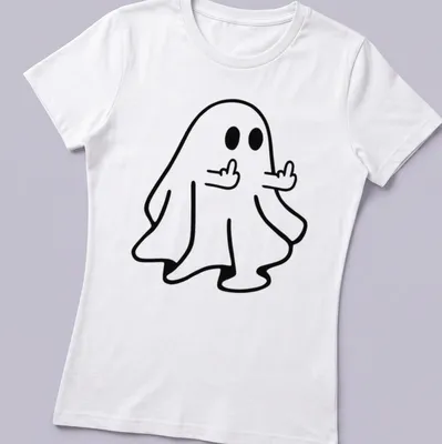 Kawaii line-art ghost flipping off in black and white — printed on a women's shirt