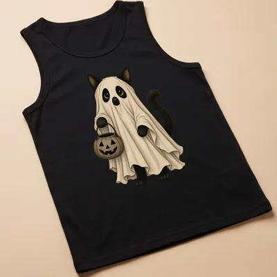 Whimsical illustration of a cat ghost holding a pumpkin bucket for Halloween — printed on a tank top