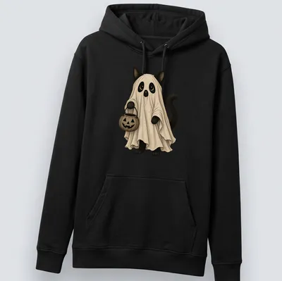 Whimsical illustration of a cat ghost holding a pumpkin bucket for Halloween — printed on a unisex hoodie