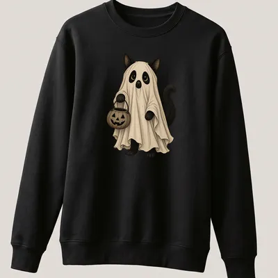 Whimsical illustration of a cat ghost holding a pumpkin bucket for Halloween — printed on a unisex sweatshirt