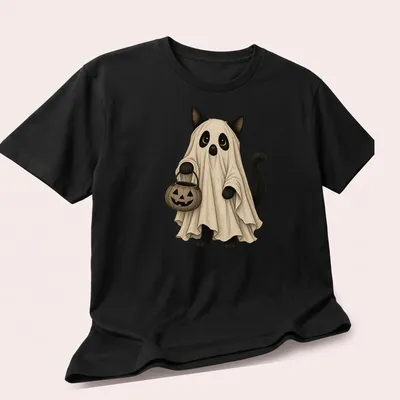 Whimsical illustration of a cat ghost holding a pumpkin bucket for Halloween — printed on a unisex t-shirt (angled view)