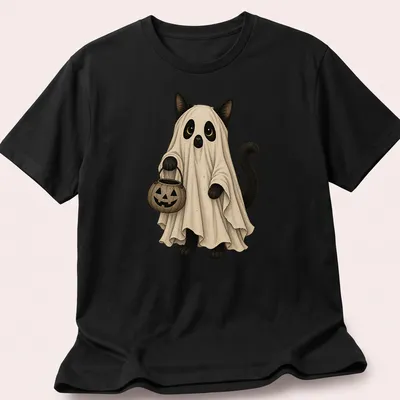 Whimsical illustration of a cat ghost holding a pumpkin bucket for Halloween