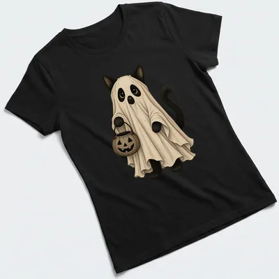 Whimsical illustration of a cat ghost holding a pumpkin bucket for Halloween — printed on a women's shirt