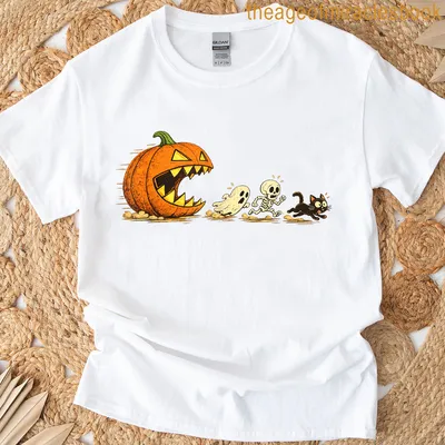 Cartoon Halloween T-shirt with a black cat chasing a pumpkin, ghost, and skeleton