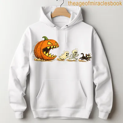 Cartoon Halloween T-shirt with a black cat chasing a pumpkin, ghost, and skeleton — printed on a unisex hoodie