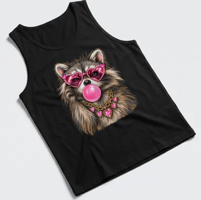 Colorful illustration of a raccoon wearing heart sunglasses and blowing bubblegum — printed on a tank top