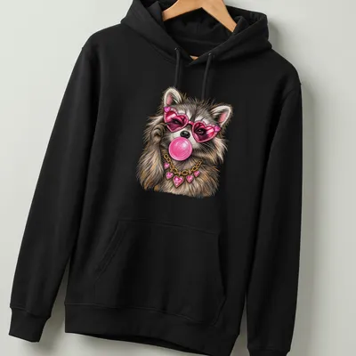 Colorful illustration of a raccoon wearing heart sunglasses and blowing bubblegum — printed on a unisex hoodie