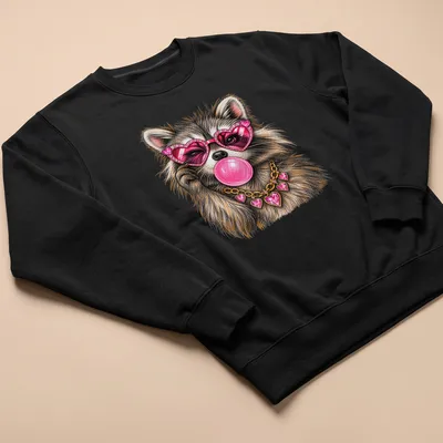 Colorful illustration of a raccoon wearing heart sunglasses and blowing bubblegum — printed on a unisex sweatshirt