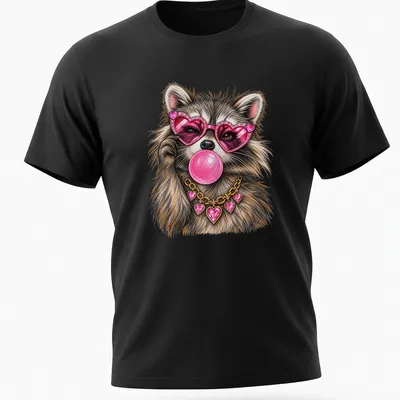 Colorful illustration of a raccoon wearing heart sunglasses and blowing bubblegum