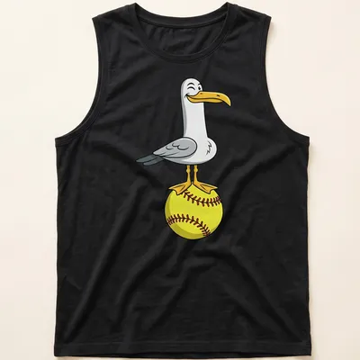 Cartoon seagull winking on a bright yellow softball — printed on a tank top