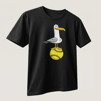 Cartoon seagull winking on a bright yellow softball — printed on a unisex t-shirt (angled view)