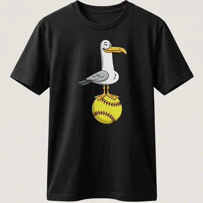 Cartoon seagull winking on a bright yellow softball
