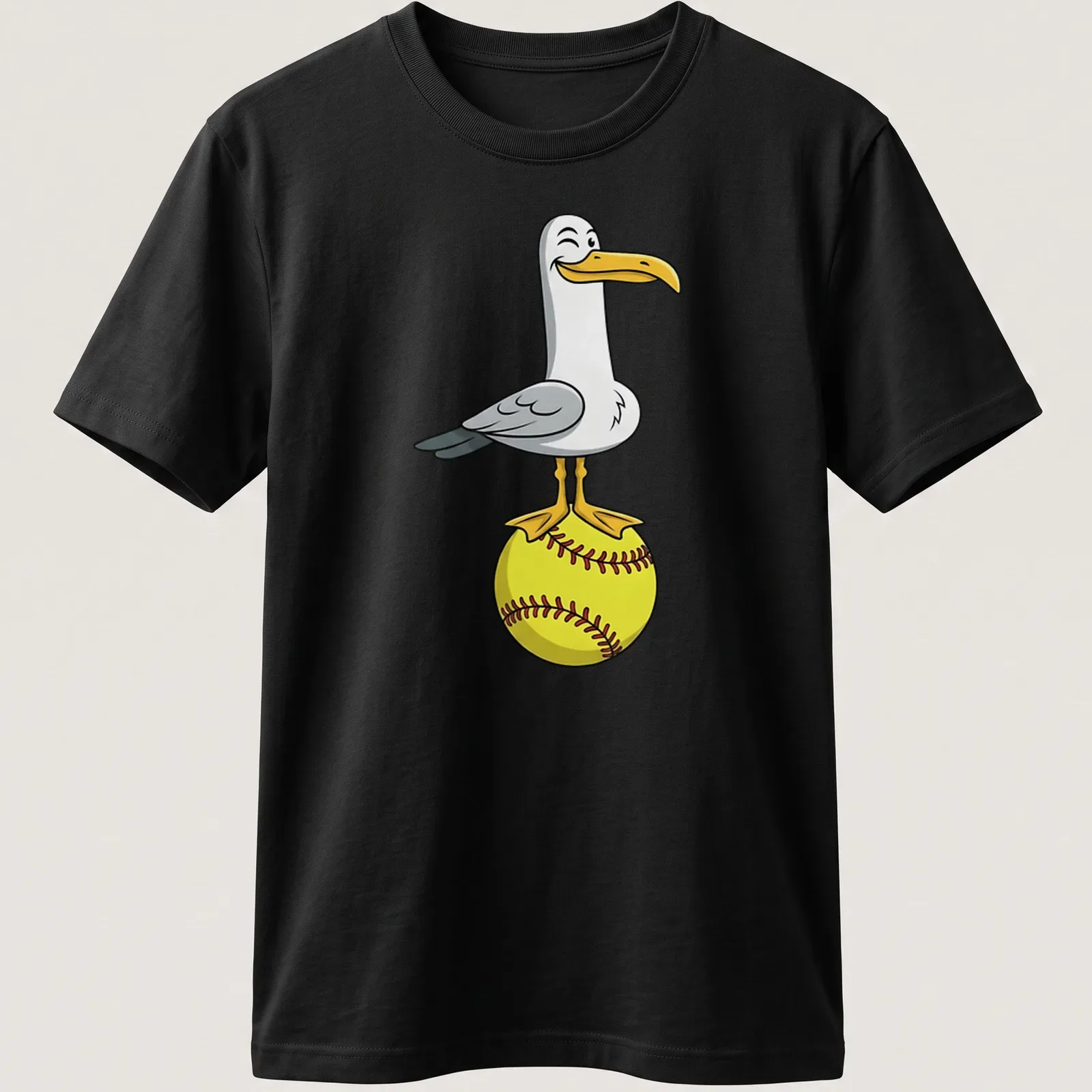 Cartoon seagull winking on a bright yellow softball — printed on a unisex t-shirt