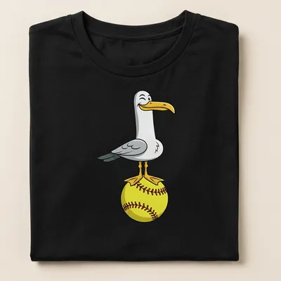 Cartoon seagull winking on a bright yellow softball — printed on a women's shirt